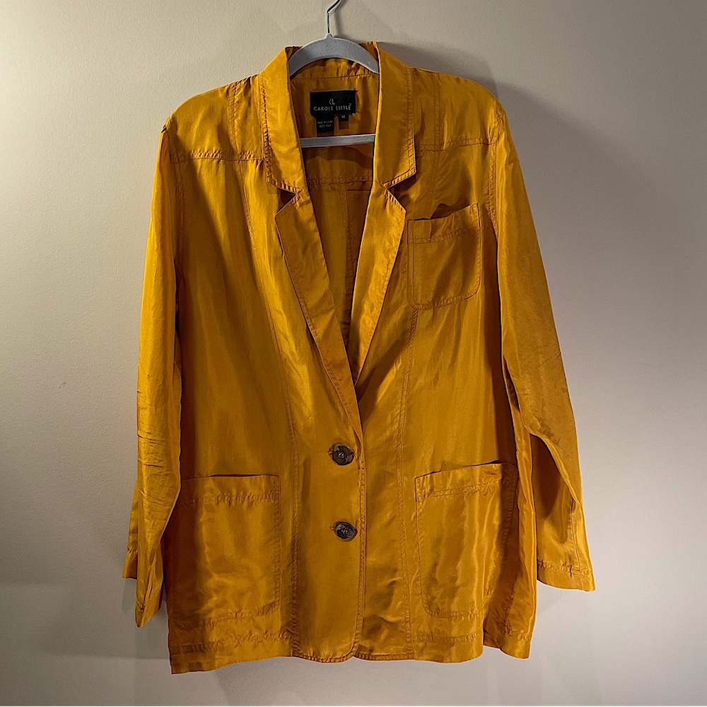 Carole Little Silk Blazer Mustard Yellow Women’s Size 12 Wood Pearlized Buttons